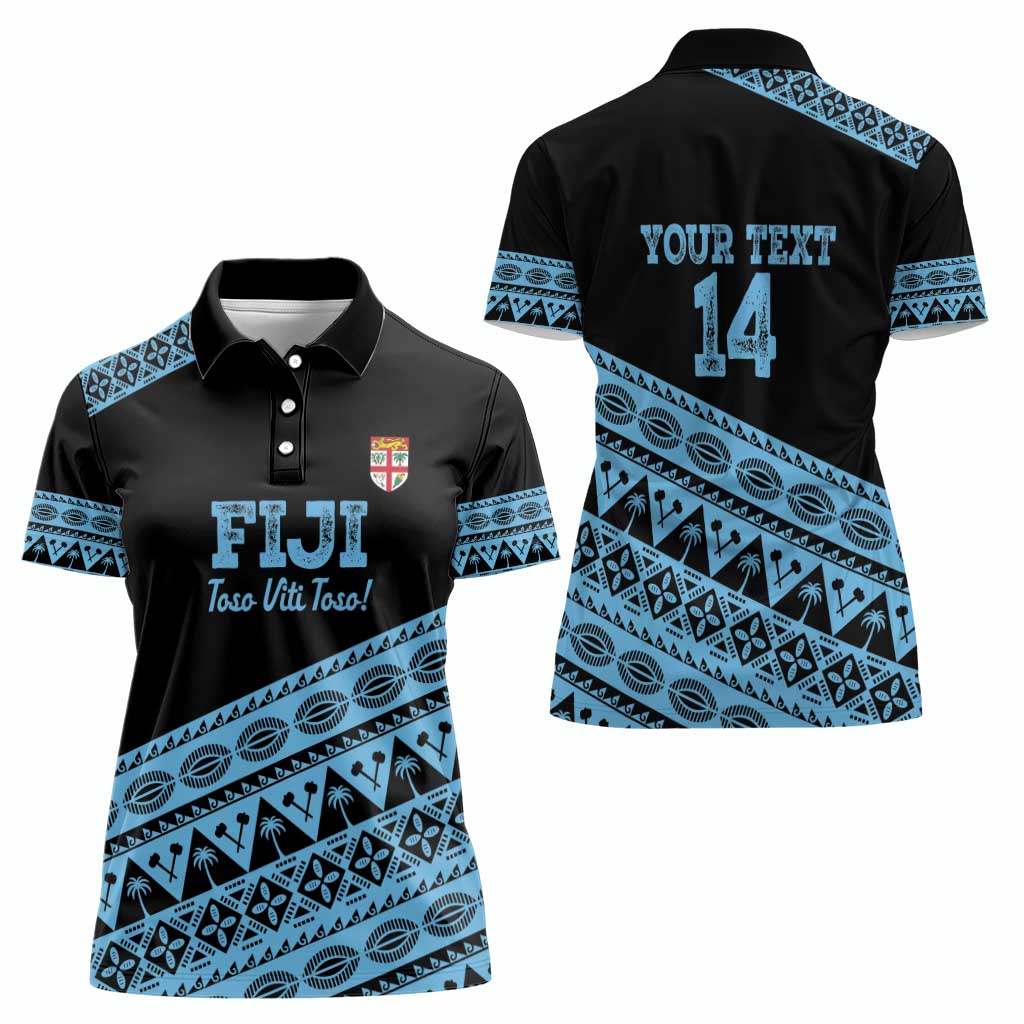 Fiji Rugby 2025 Custom Women Polo Shirt Fijian Tapa Toso Viti Toso - Black