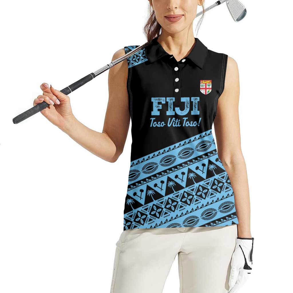 Fiji Rugby 2025 Custom Women Sleeveless Polo Shirt Fijian Tapa Toso Viti Toso - Black