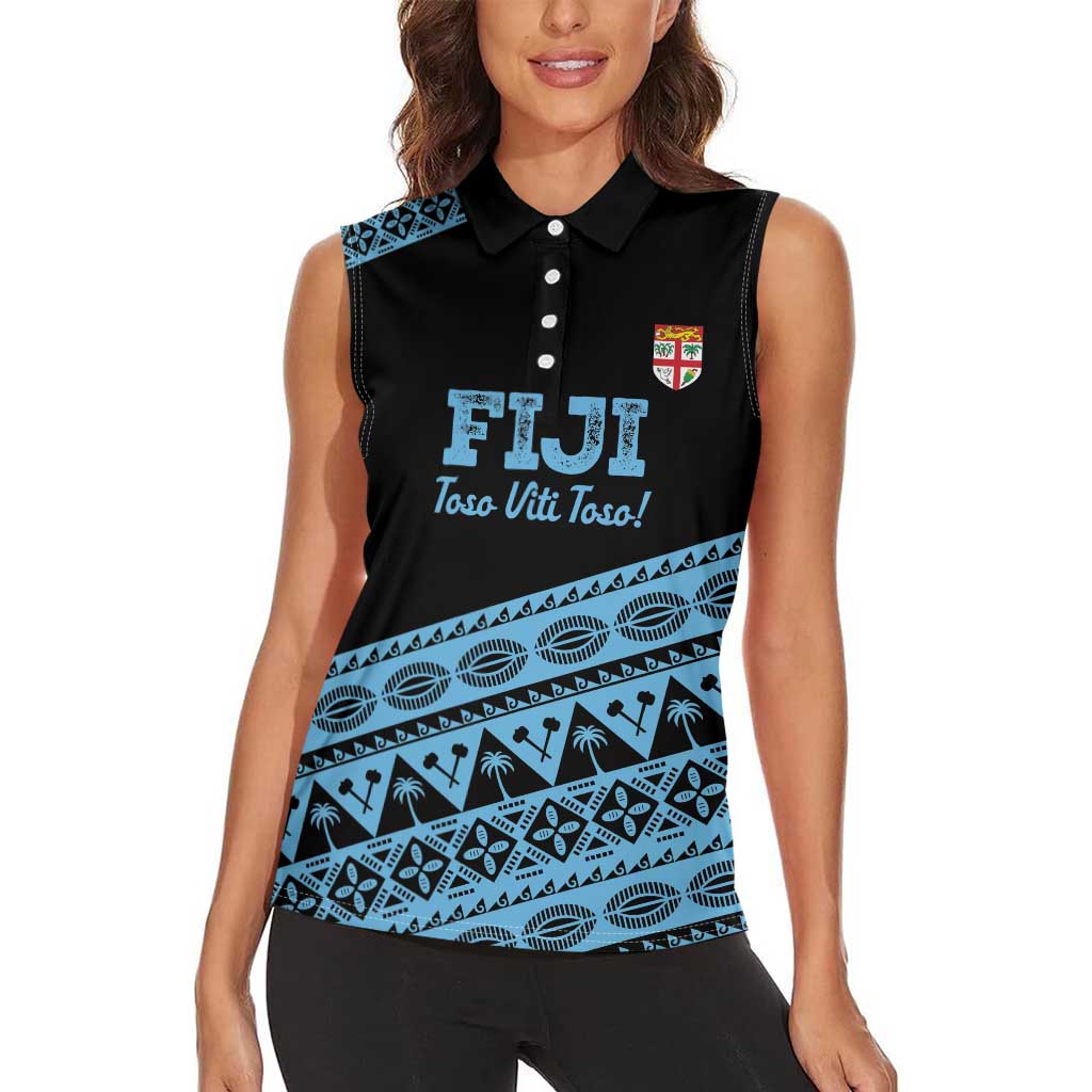 Fiji Rugby 2025 Custom Women Sleeveless Polo Shirt Fijian Tapa Toso Viti Toso - Black