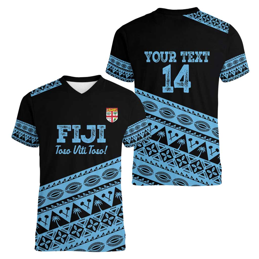 Fiji Rugby 2025 Custom Women V-Neck T-Shirt Fijian Tapa Toso Viti Toso - Black