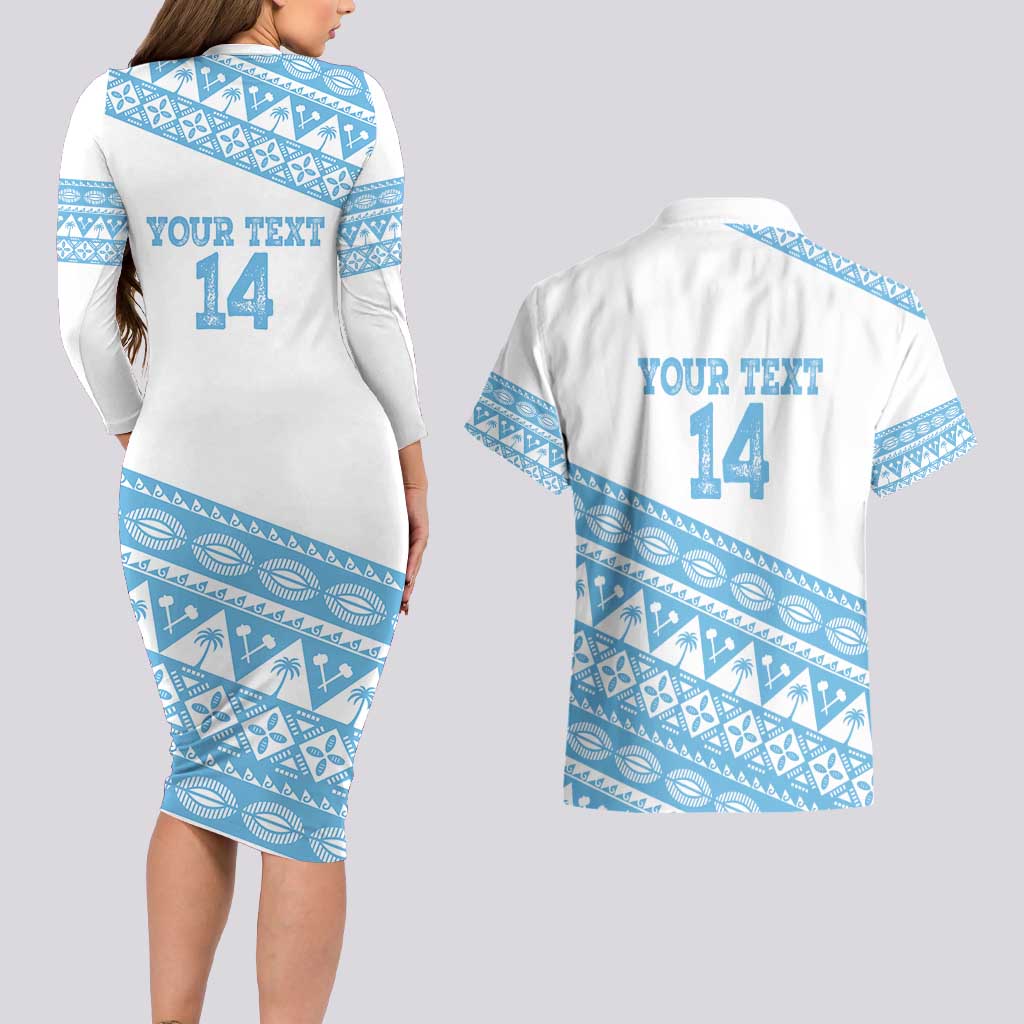 Fiji Rugby 2025 Custom Couples Matching Long Sleeve Bodycon Dress and Hawaiian Shirt Fijian Tapa Toso Viti Toso - White