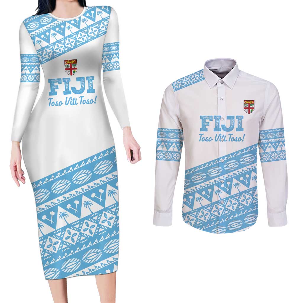 Fiji Rugby 2025 Custom Couples Matching Long Sleeve Bodycon Dress and Long Sleeve Button Shirt Fijian Tapa Toso Viti Toso - White