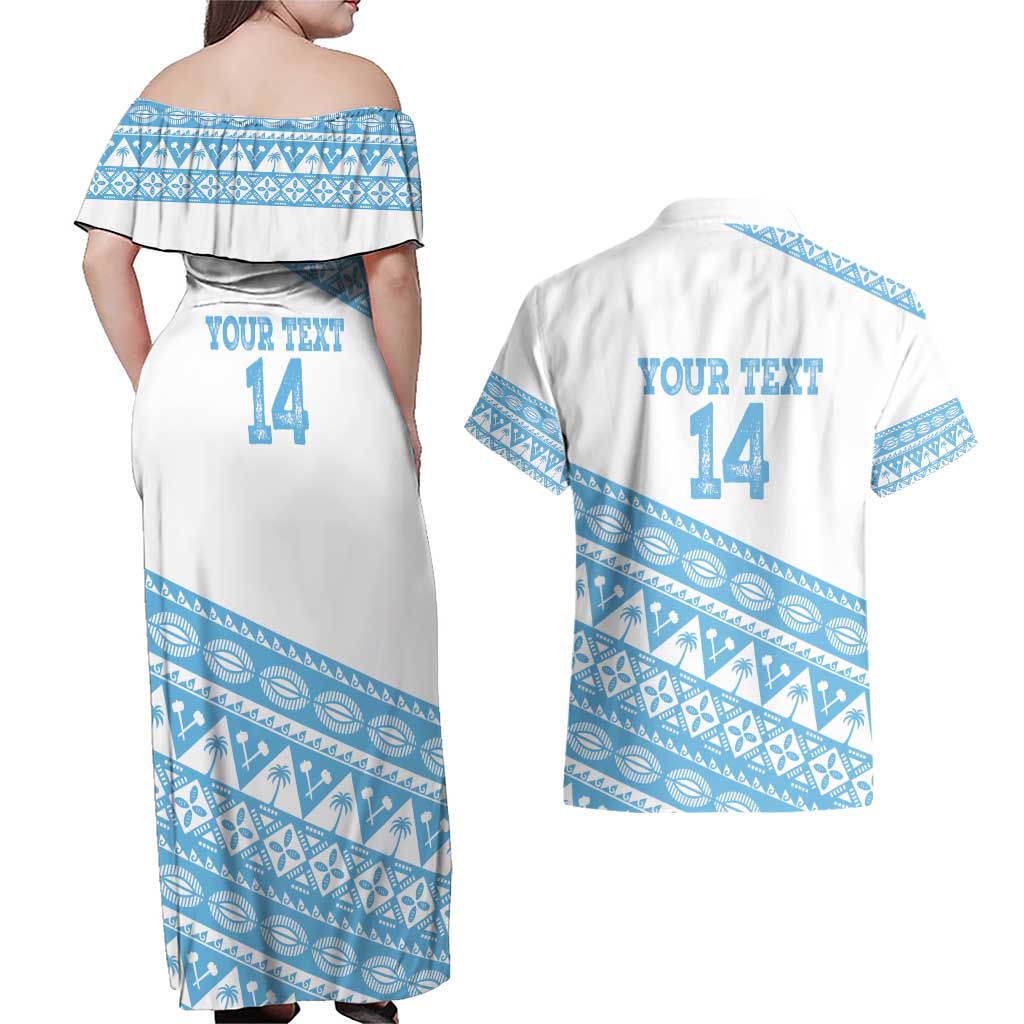 Fiji Rugby 2025 Custom Couples Matching Off Shoulder Maxi Dress and Hawaiian Shirt Fijian Tapa Toso Viti Toso - White