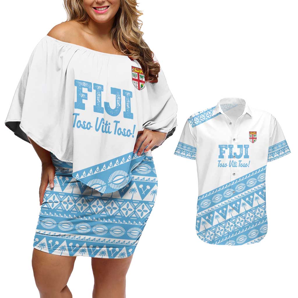 Fiji Rugby 2025 Custom Couples Matching Off Shoulder Short Dress and Hawaiian Shirt Fijian Tapa Toso Viti Toso - White
