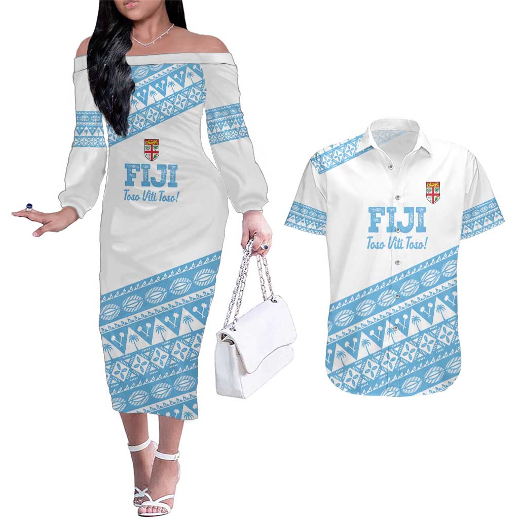 Fiji Rugby 2025 Custom Couples Matching Off The Shoulder Long Sleeve Dress and Hawaiian Shirt Fijian Tapa Toso Viti Toso - White