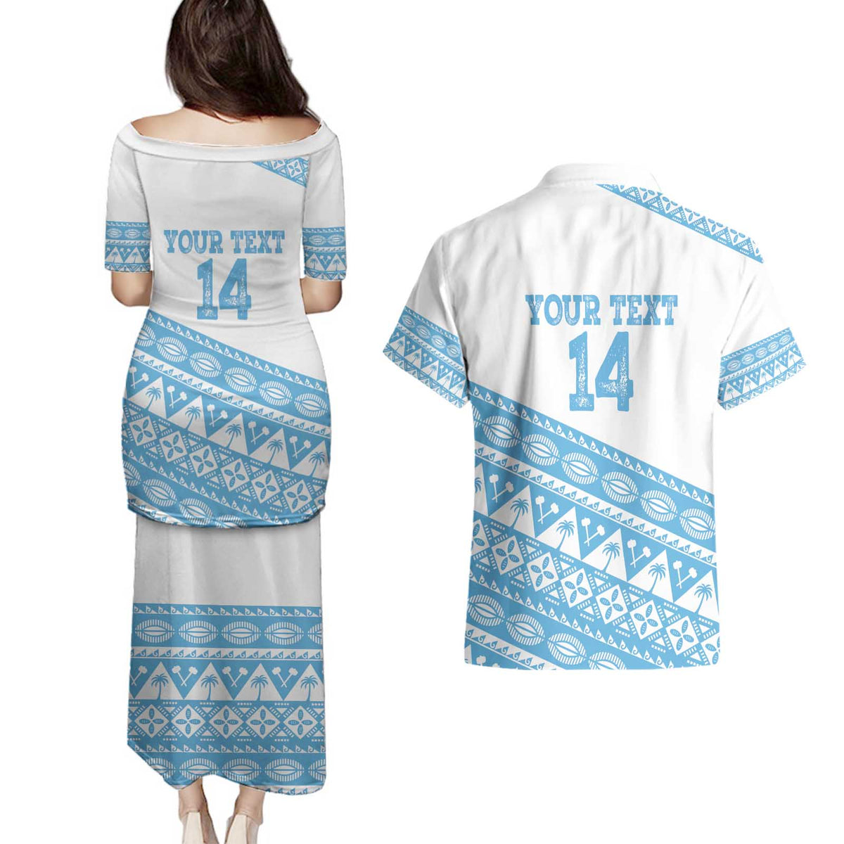 Fiji Rugby 2025 Custom Couples Matching Puletasi and Hawaiian Shirt Fijian Tapa Toso Viti Toso - White