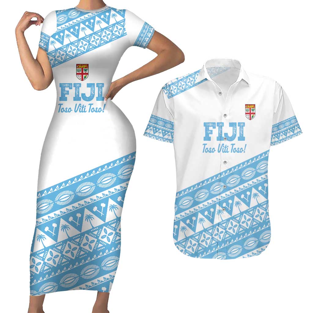 Fiji Rugby 2025 Custom Couples Matching Short Sleeve Bodycon Dress and Hawaiian Shirt Fijian Tapa Toso Viti Toso - White