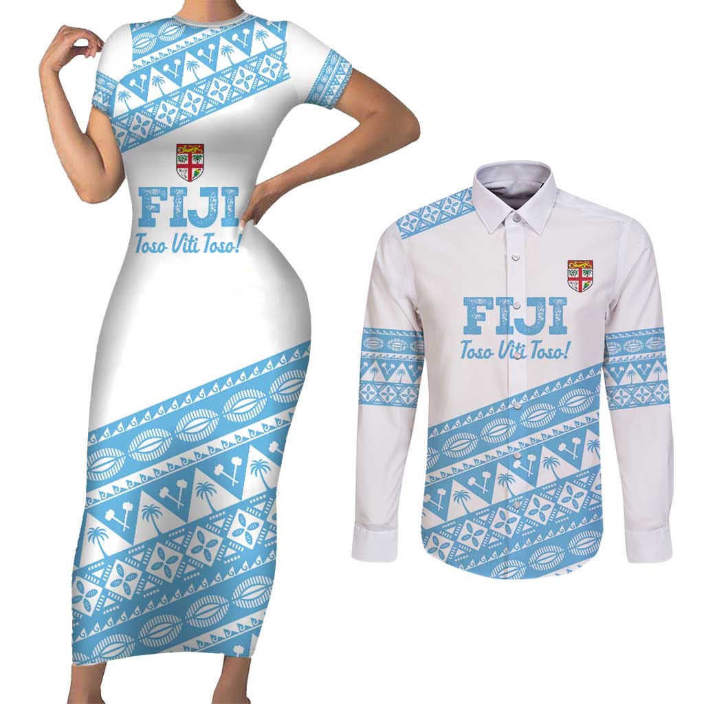 Fiji Rugby 2025 Custom Couples Matching Short Sleeve Bodycon Dress and Long Sleeve Button Shirt Fijian Tapa Toso Viti Toso - White