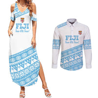 Fiji Rugby 2025 Custom Couples Matching Summer Maxi Dress and Long Sleeve Button Shirt Fijian Tapa Toso Viti Toso - White LT14 White - Polynesian Pride