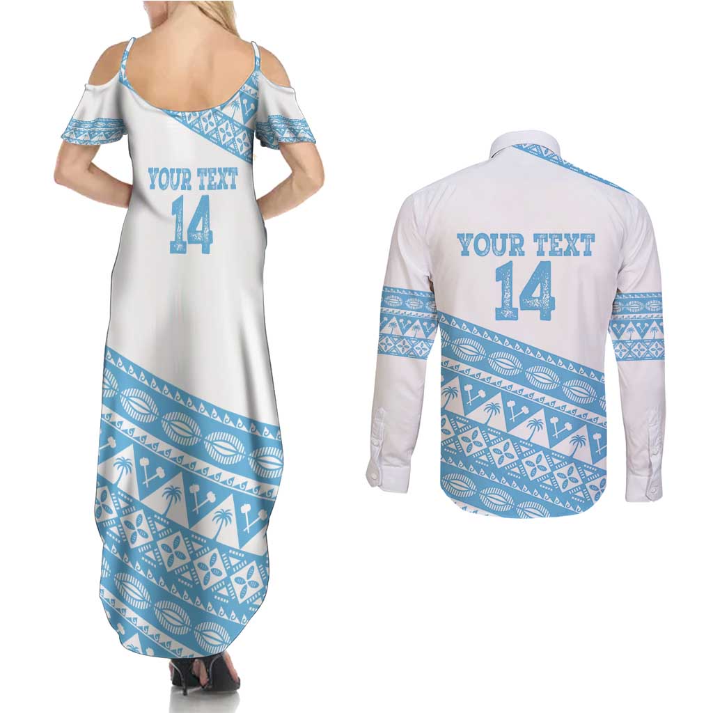 Fiji Rugby 2025 Custom Couples Matching Summer Maxi Dress and Long Sleeve Button Shirt Fijian Tapa Toso Viti Toso - White LT14 - Polynesian Pride