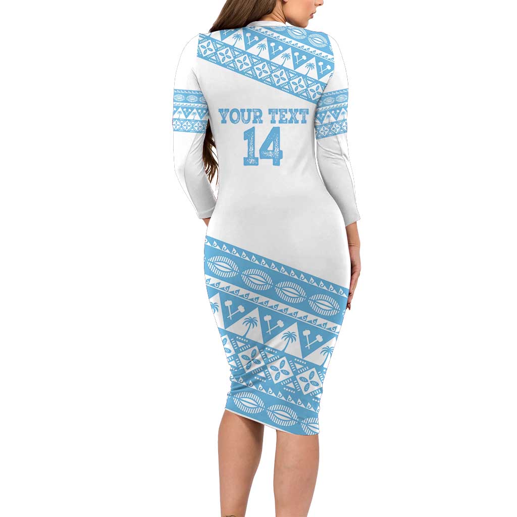 Fiji Rugby 2025 Custom Family Matching Long Sleeve Bodycon Dress and Hawaiian Shirt Fijian Tapa Toso Viti Toso - White