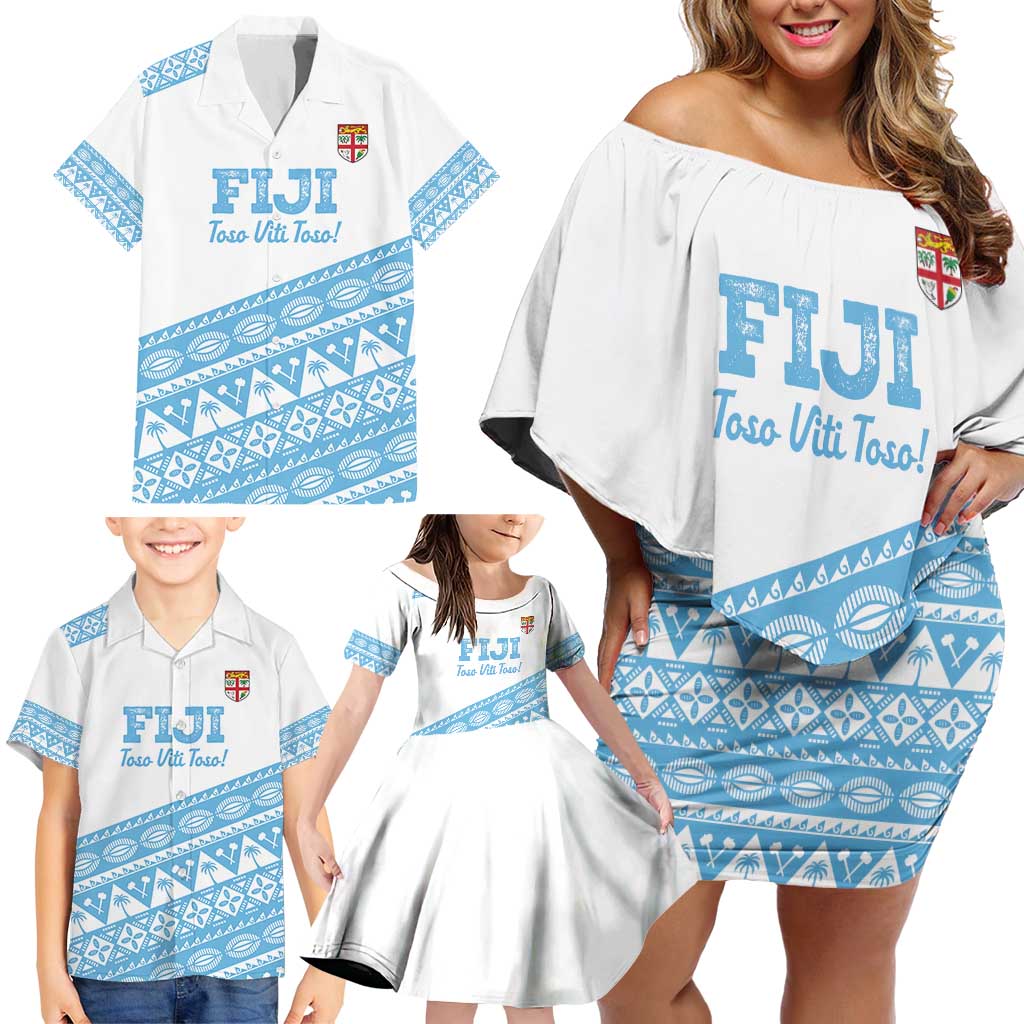 Fiji Rugby 2025 Custom Family Matching Off Shoulder Short Dress and Hawaiian Shirt Fijian Tapa Toso Viti Toso - White
