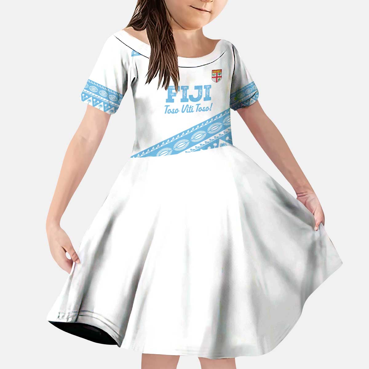 Fiji Rugby 2025 Custom Kid Short Sleeve Dress Fijian Tapa Toso Viti Toso - White