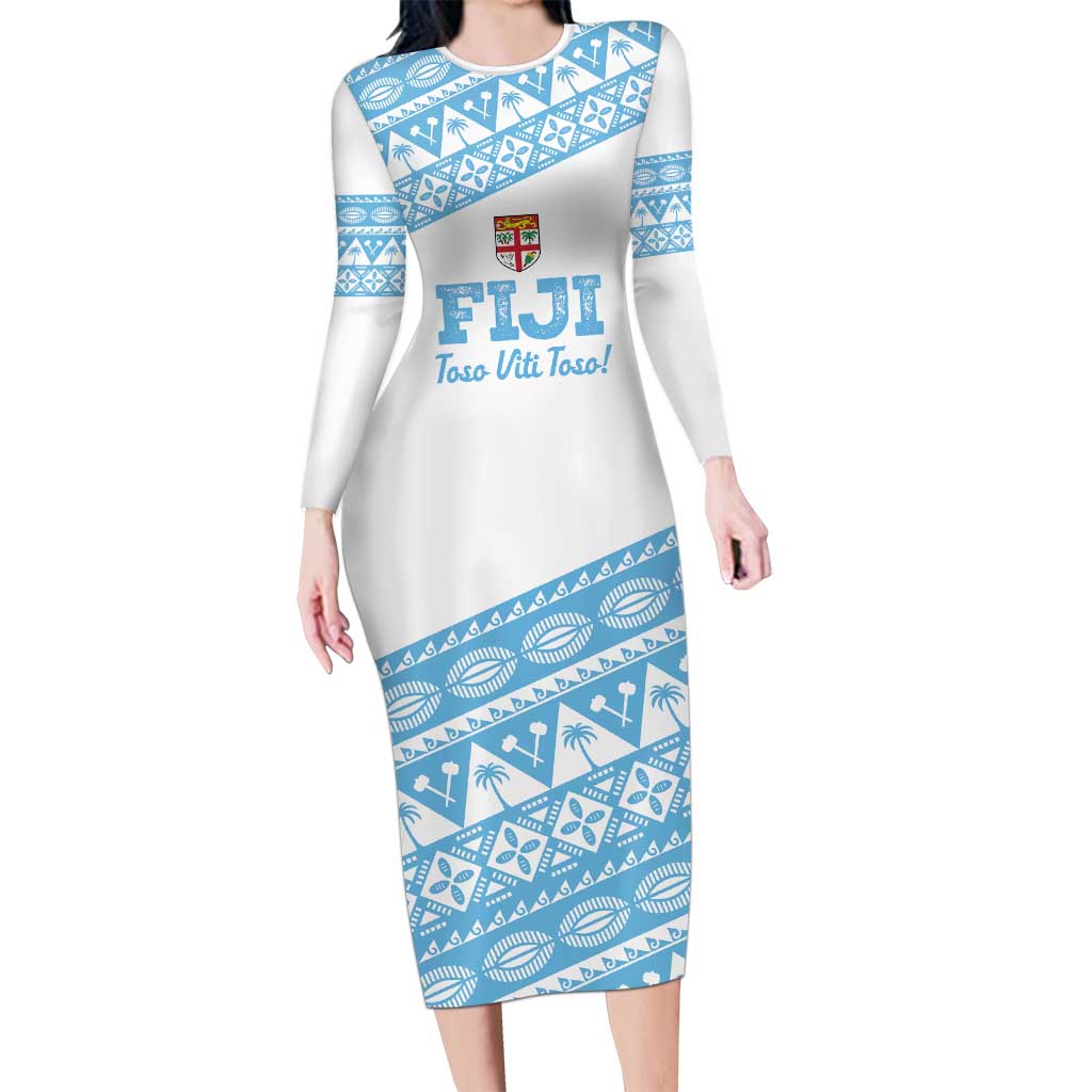Fiji Rugby 2025 Custom Long Sleeve Bodycon Dress Fijian Tapa Toso Viti Toso - White