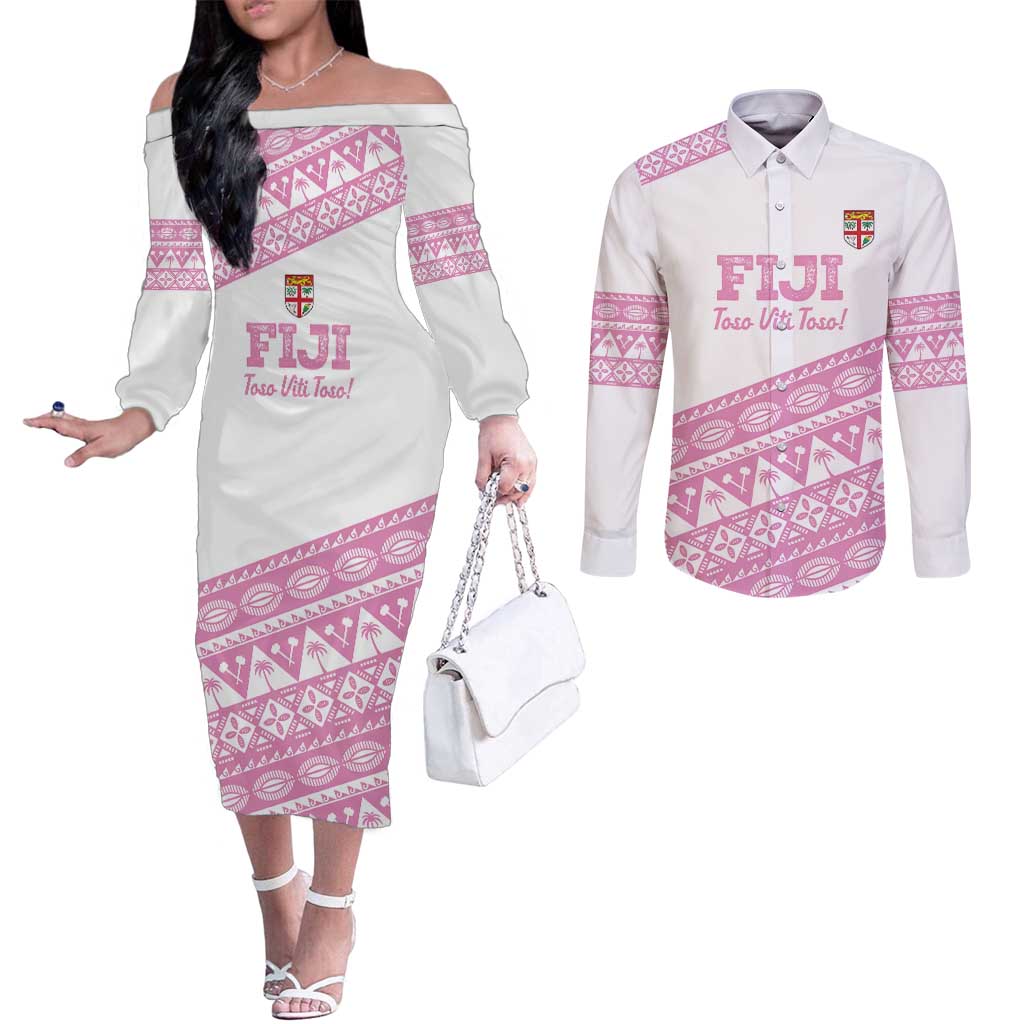 Fiji Rugby 2025 Custom Couples Matching Off The Shoulder Long Sleeve Dress and Long Sleeve Button Shirt Fijian Tapa Toso Viti Toso - Pink