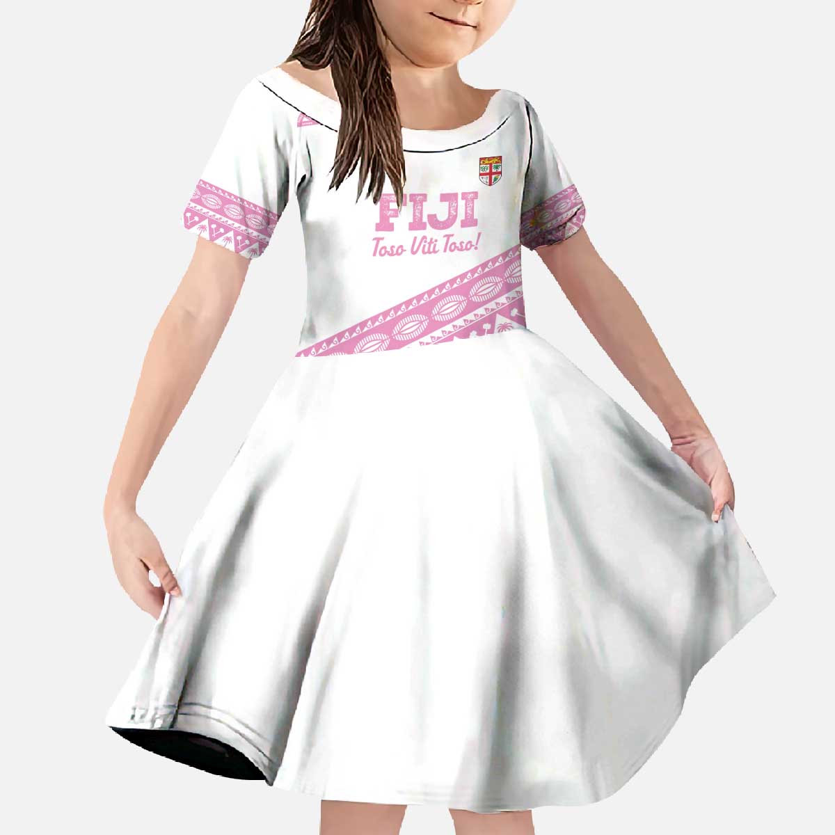 Fiji Rugby 2025 Custom Family Matching Off The Shoulder Long Sleeve Dress and Hawaiian Shirt Fijian Tapa Toso Viti Toso - Pink