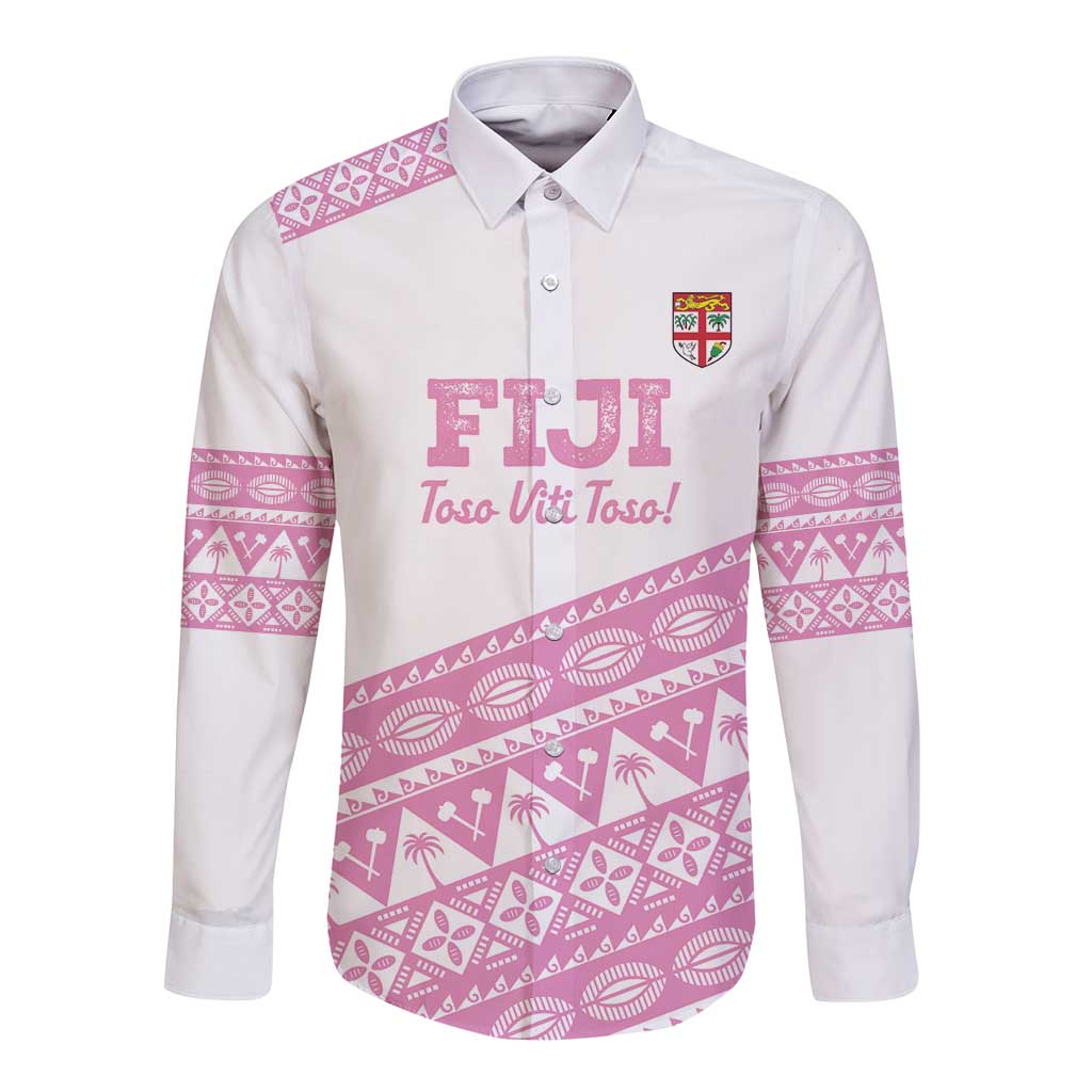 Fiji Rugby 2025 Custom Long Sleeve Button Shirt Fijian Tapa Toso Viti Toso - Pink