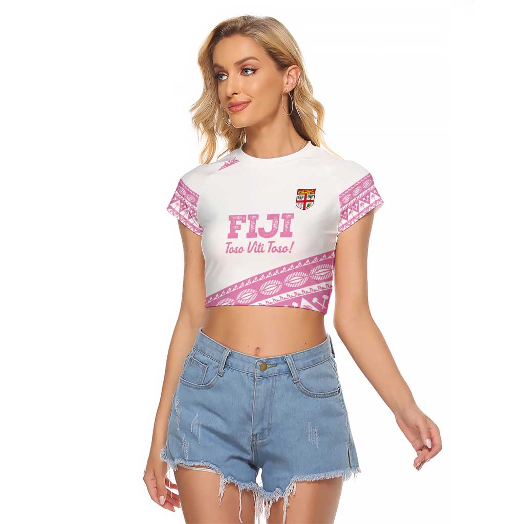 Fiji Rugby 2025 Custom Raglan Cropped T Shirt Fijian Tapa Toso Viti Toso - Pink