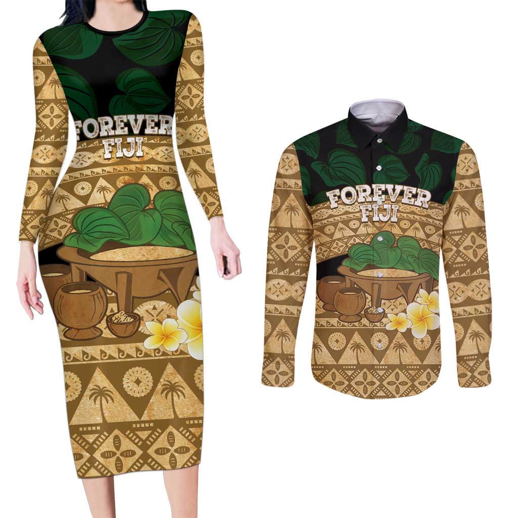 Bula Fiji Kava Bowl Couples Matching Long Sleeve Bodycon Dress and Long Sleeve Button Shirt Fijian Tapa Cloth Vintage Vibe