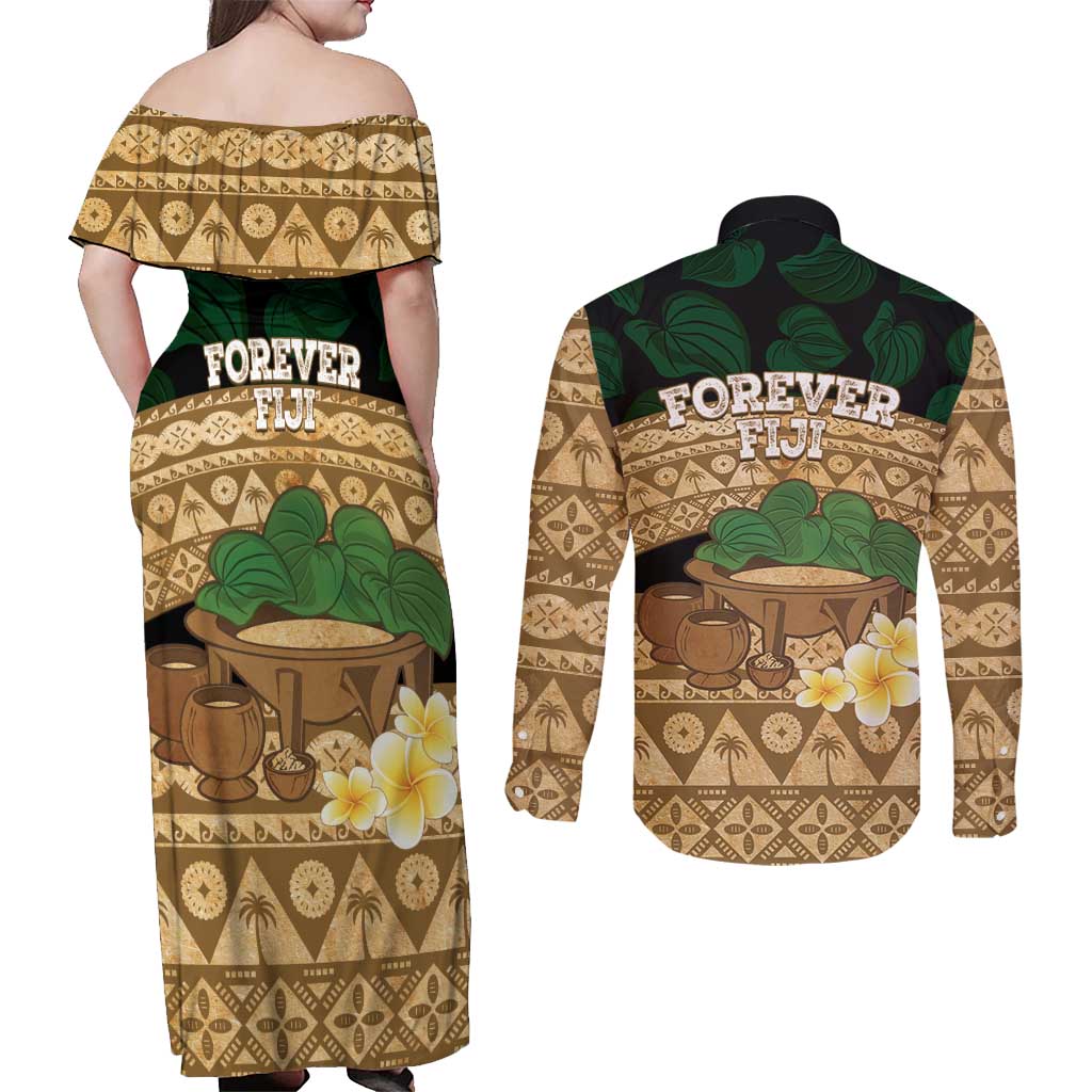 Bula Fiji Kava Bowl Couples Matching Off Shoulder Maxi Dress and Long Sleeve Button Shirt Fijian Tapa Cloth Vintage Vibe