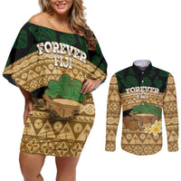 Bula Fiji Kava Bowl Couples Matching Off Shoulder Short Dress and Long Sleeve Button Shirt Fijian Tapa Cloth Vintage Vibe