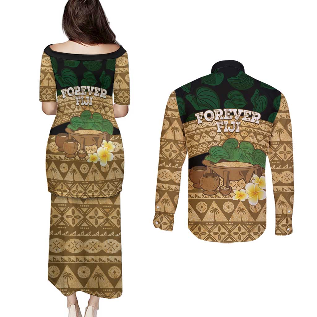 Bula Fiji Kava Bowl Couples Matching Puletasi and Long Sleeve Button Shirt Fijian Tapa Cloth Vintage Vibe