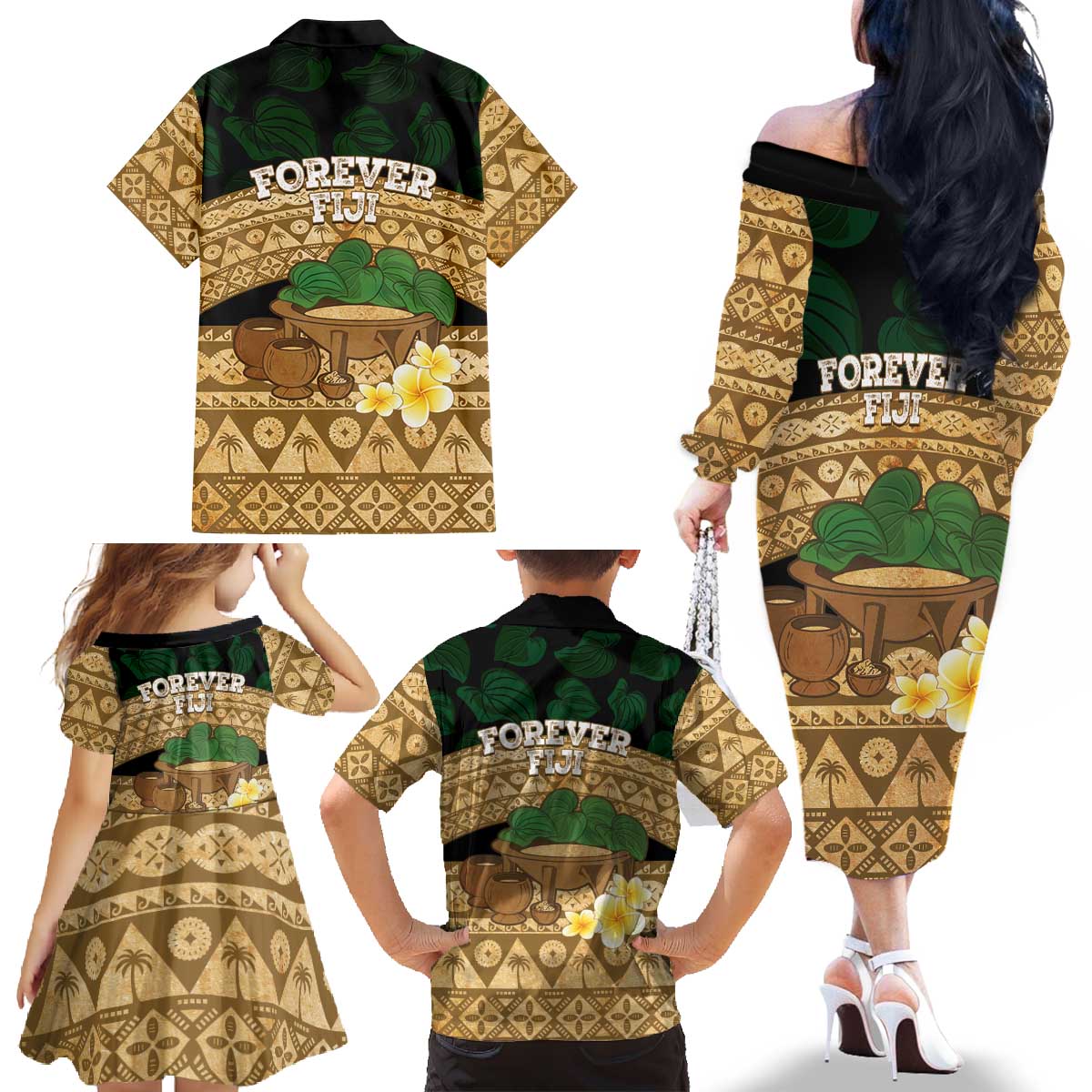 Bula Fiji Kava Bowl Family Matching Off The Shoulder Long Sleeve Dress and Hawaiian Shirt Fijian Tapa Cloth Vintage Vibe