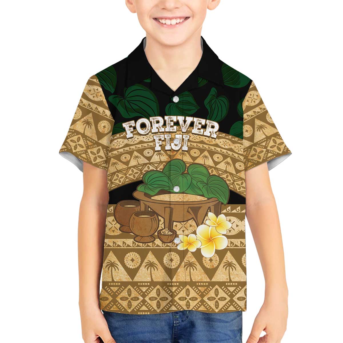 Bula Fiji Kava Bowl Family Matching Off The Shoulder Long Sleeve Dress and Hawaiian Shirt Fijian Tapa Cloth Vintage Vibe