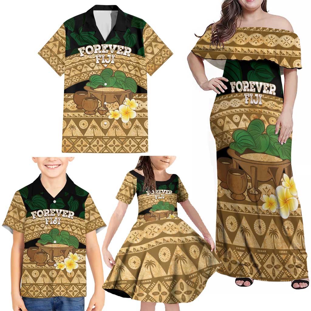 Bula Fiji Kava Bowl Family Matching Off Shoulder Maxi Dress and Hawaiian Shirt Fijian Tapa Cloth Vintage Vibe