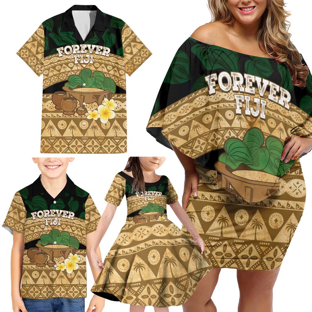 Bula Fiji Kava Bowl Family Matching Off Shoulder Short Dress and Hawaiian Shirt Fijian Tapa Cloth Vintage Vibe