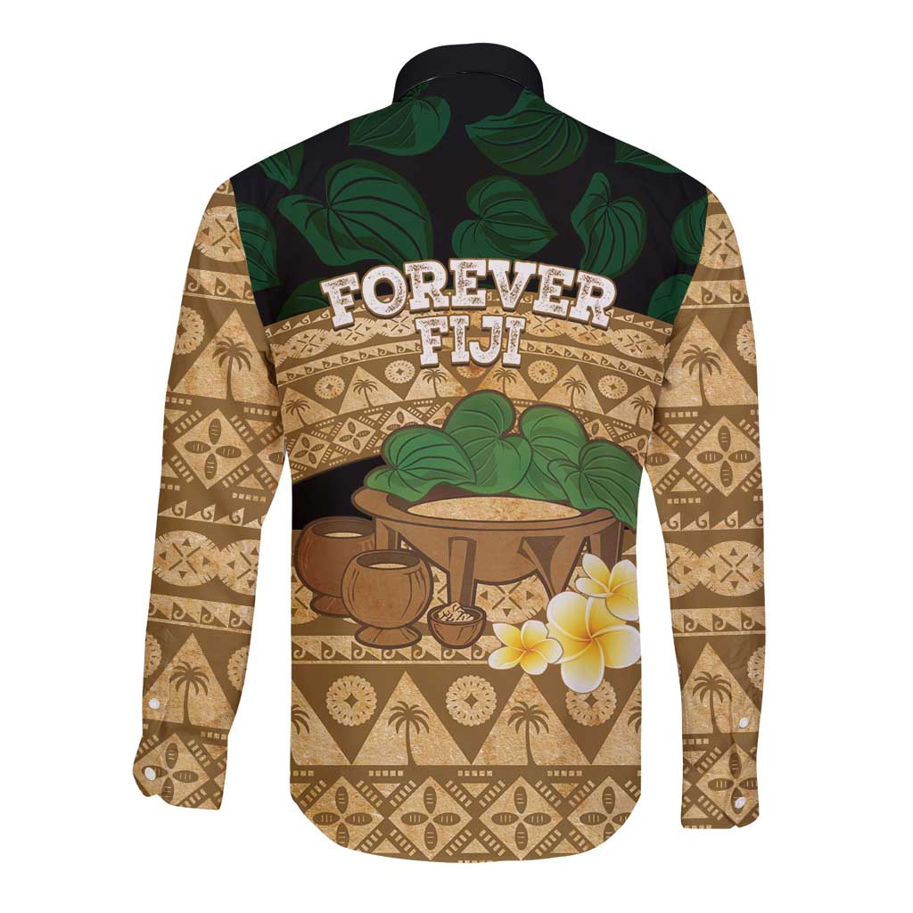 Bula Fiji Kava Bowl Long Sleeve Button Shirt Fijian Tapa Cloth Vintage Vibe