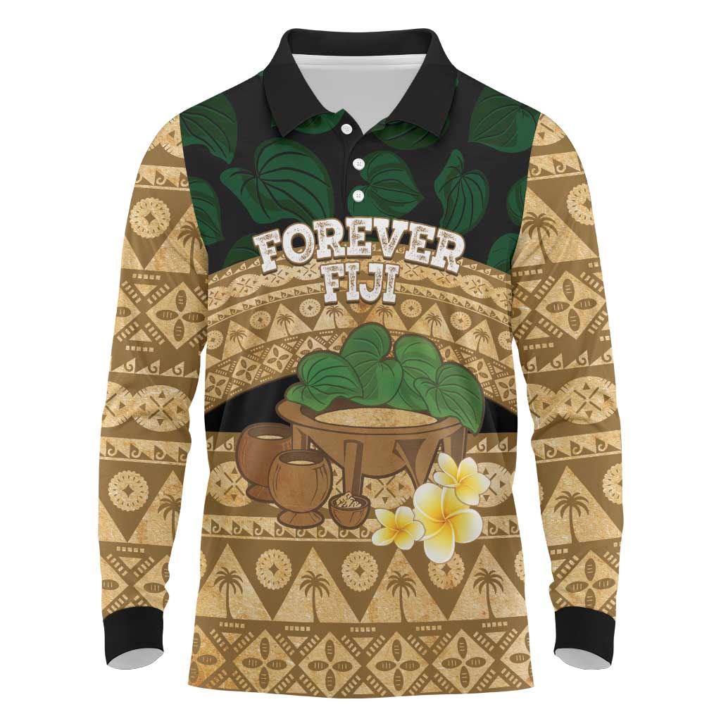 Bula Fiji Kava Bowl Long Sleeve Polo Shirt Fijian Tapa Cloth Vintage Vibe