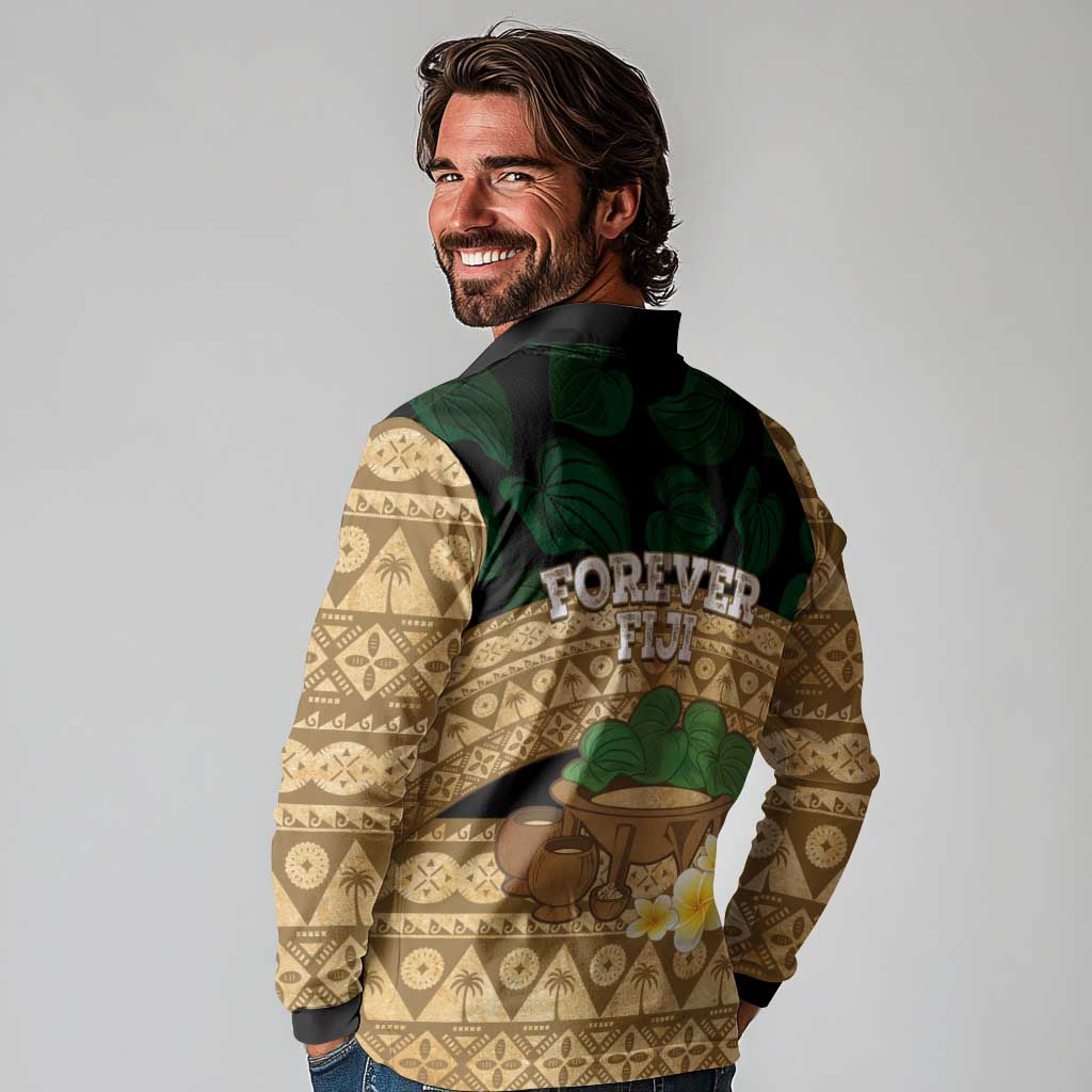 Bula Fiji Kava Bowl Long Sleeve Polo Shirt Fijian Tapa Cloth Vintage Vibe