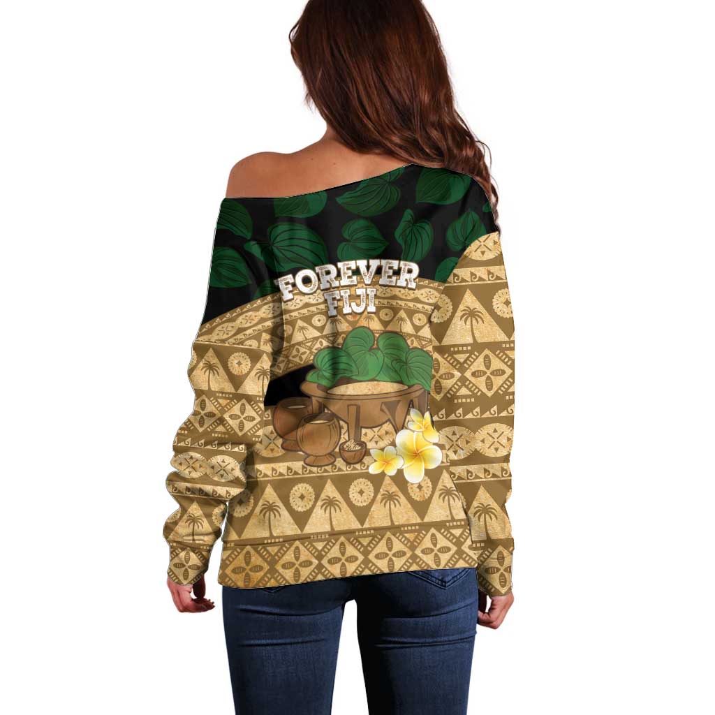 Bula Fiji Kava Bowl Off Shoulder Sweater Fijian Tapa Cloth Vintage Vibe