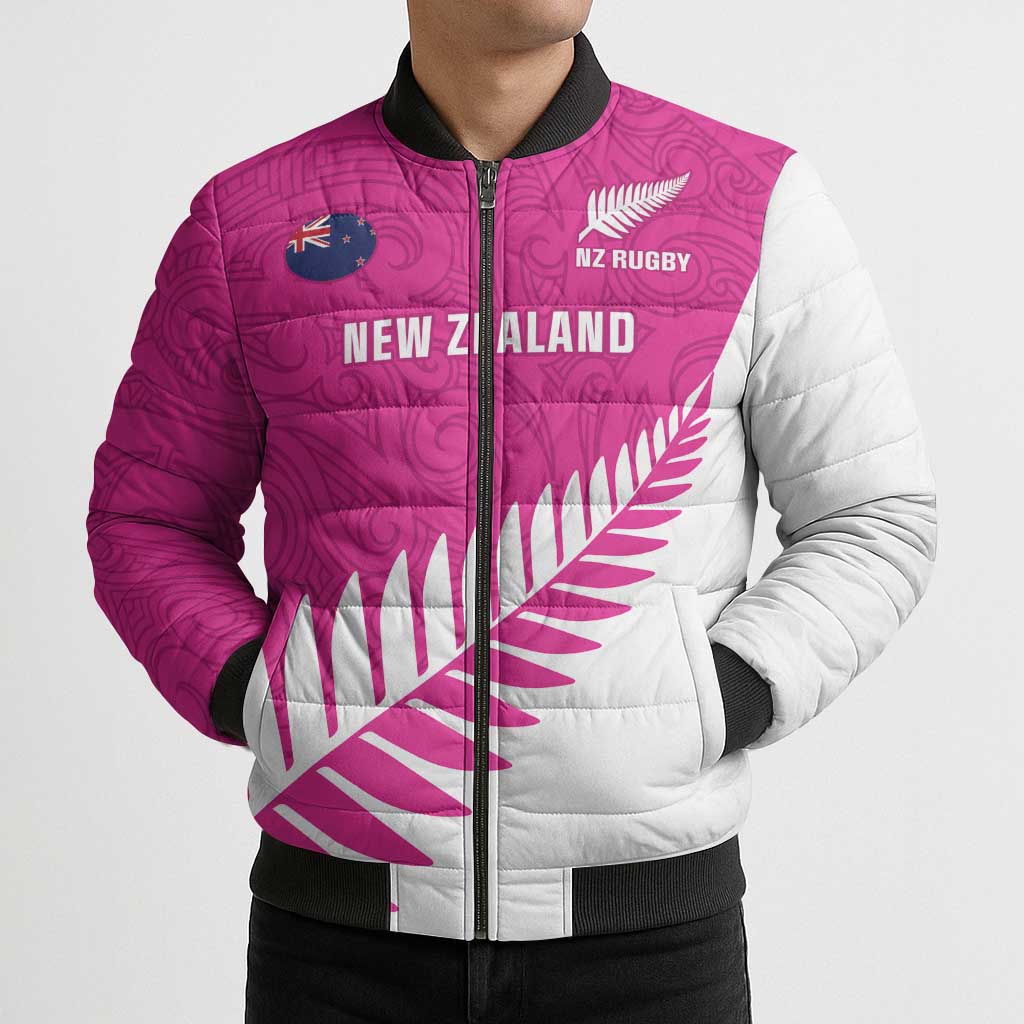 New Zealand Silver Fern Rugby Custom Bomber Puffer Jacket Go All Black Maori Pink Version - Polynesian Pride
