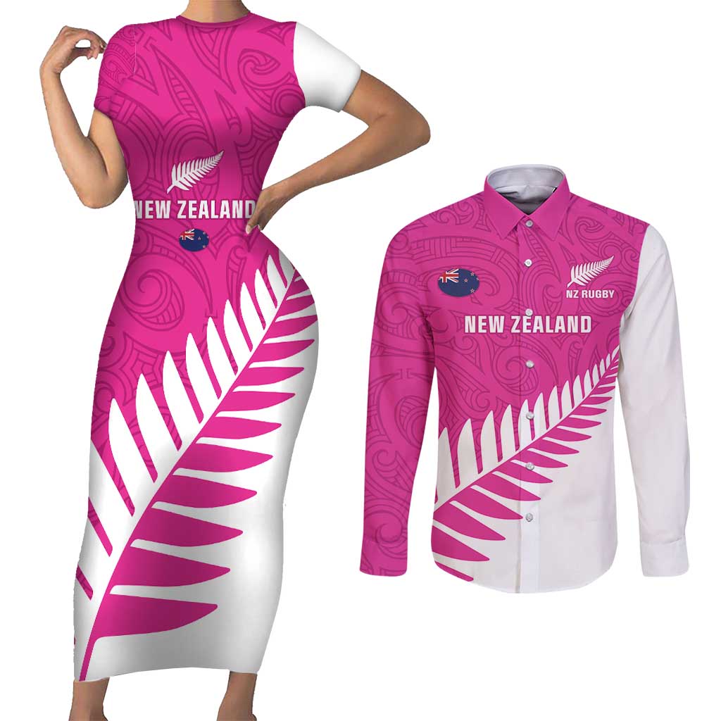 New Zealand Silver Fern Rugby Custom Couples Matching Short Sleeve Bodycon Dress and Long Sleeve Button Shirt Go All Black Maori Pink Version