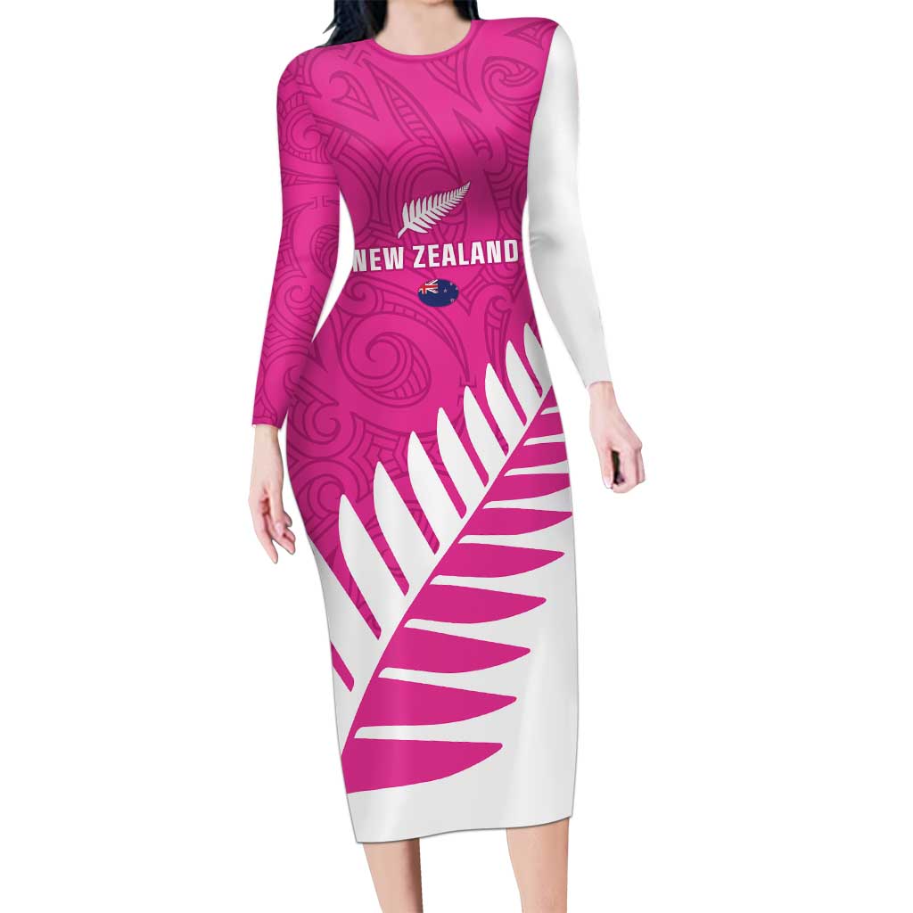 New Zealand Silver Fern Rugby Custom Family Matching Long Sleeve Bodycon Dress and Hawaiian Shirt Go All Black Maori Pink Version
