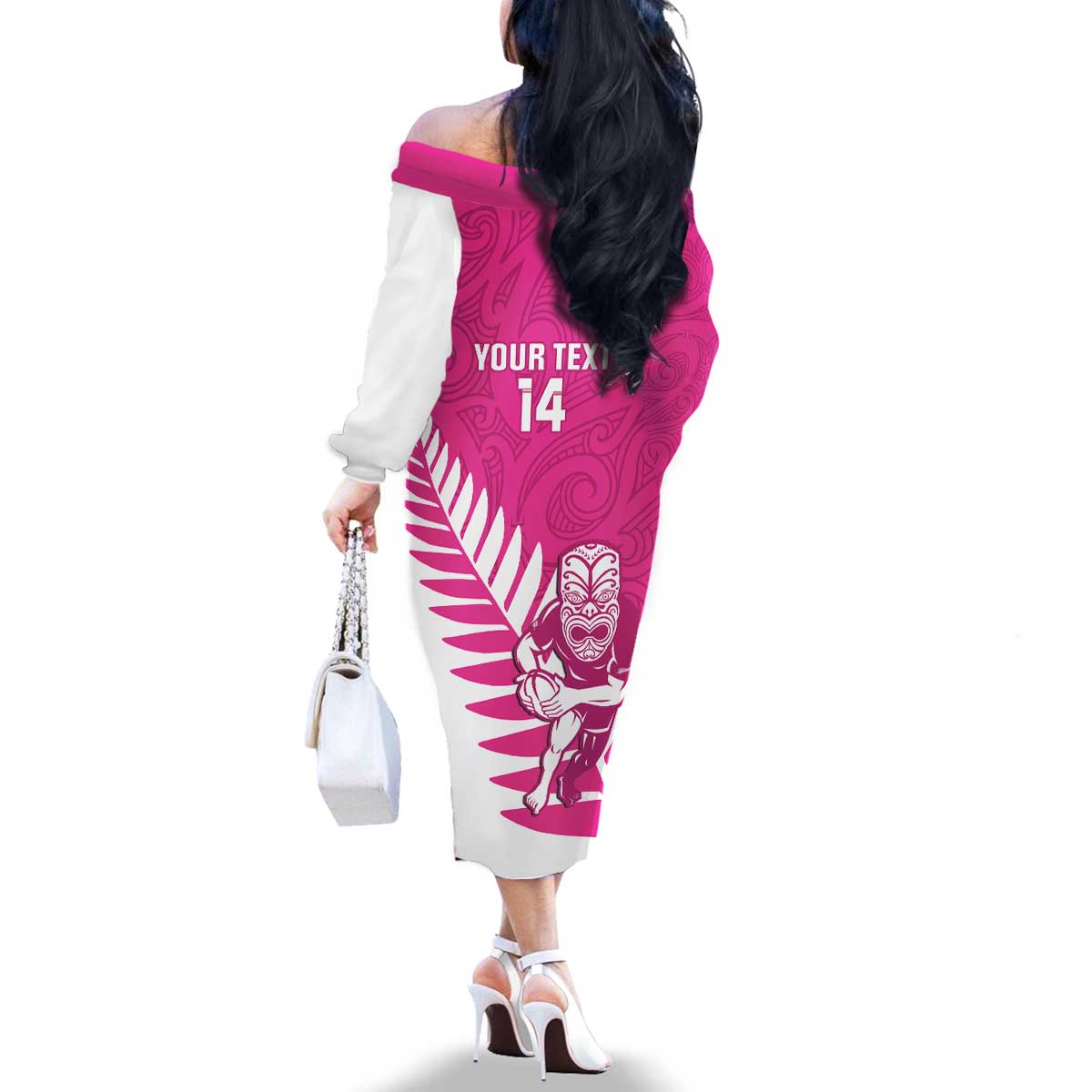 New Zealand Silver Fern Rugby Custom Family Matching Off The Shoulder Long Sleeve Dress and Hawaiian Shirt Go All Black Maori Pink Version