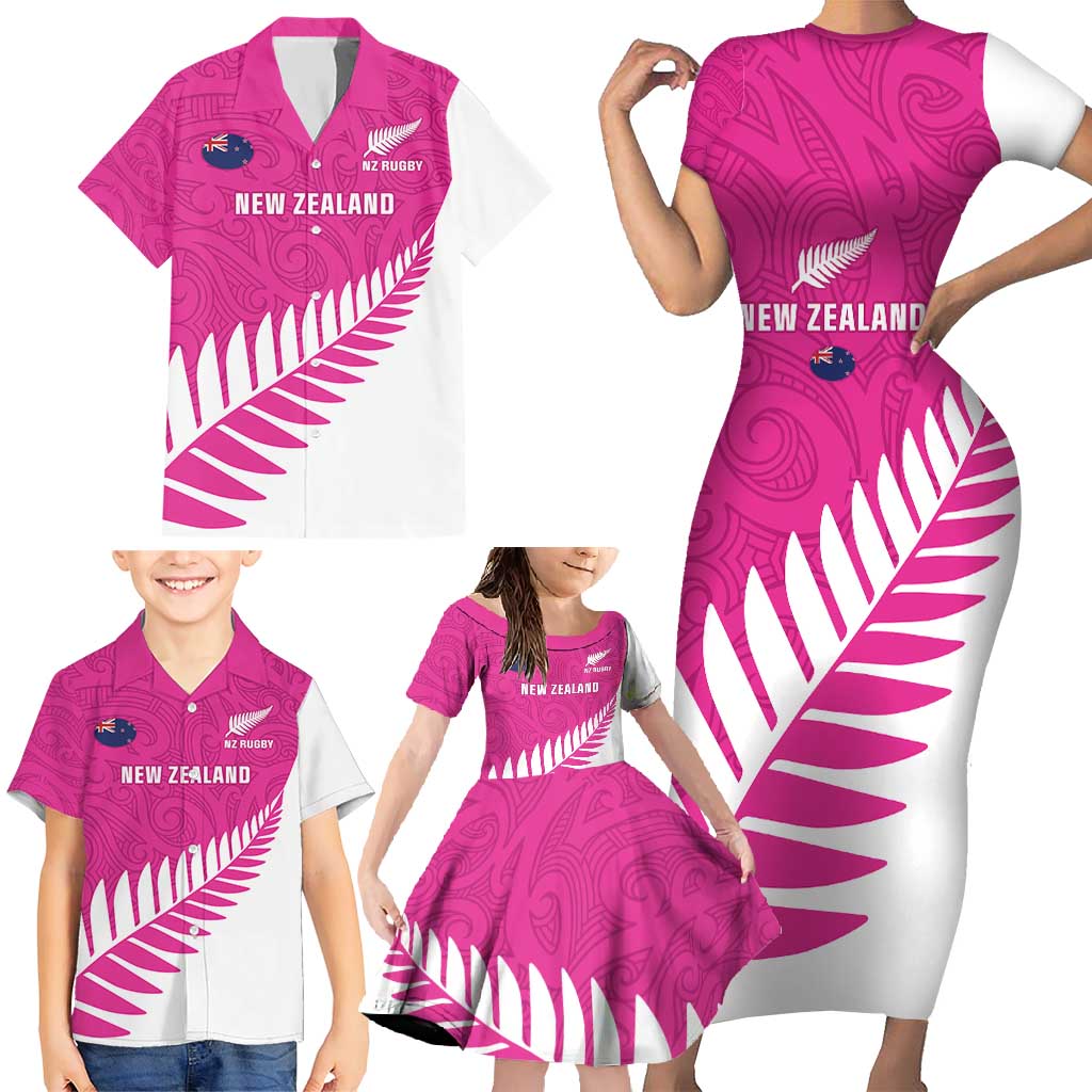 New Zealand Silver Fern Rugby Custom Family Matching Short Sleeve Bodycon Dress and Hawaiian Shirt Go All Black Maori Pink Version