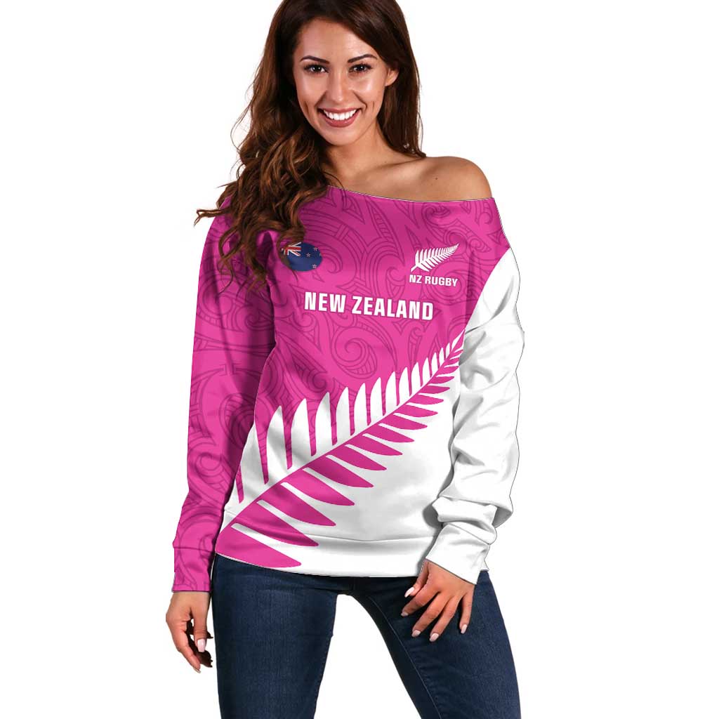 New Zealand Silver Fern Rugby Custom Off Shoulder Sweater Go All Black Maori Pink Version