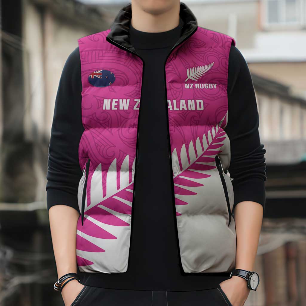 New Zealand Silver Fern Rugby Custom Sleeveless Puffer Jacket Go All Black Maori Pink Version - Polynesian Pride