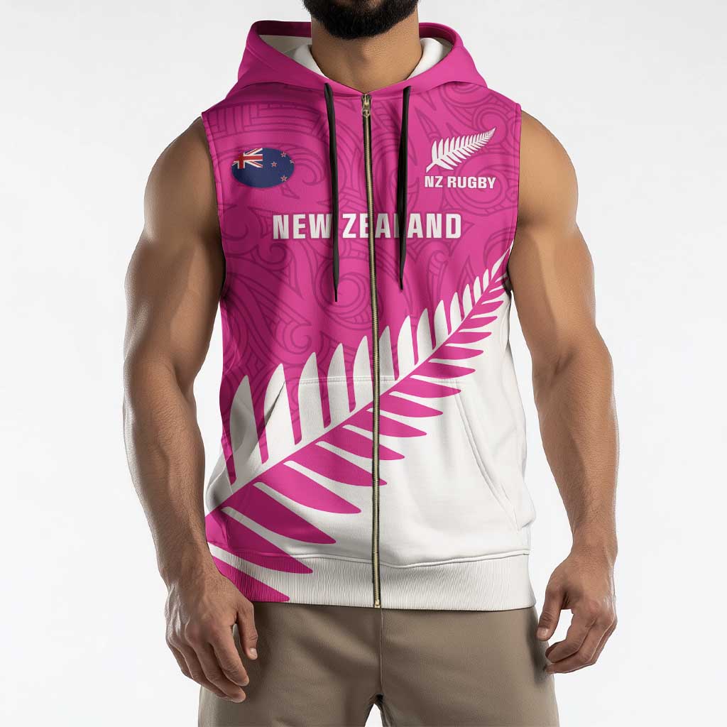 New Zealand Silver Fern Rugby Custom Sleeveless Zip Hoodie Go All Black Maori Pink Version - Polynesian Pride