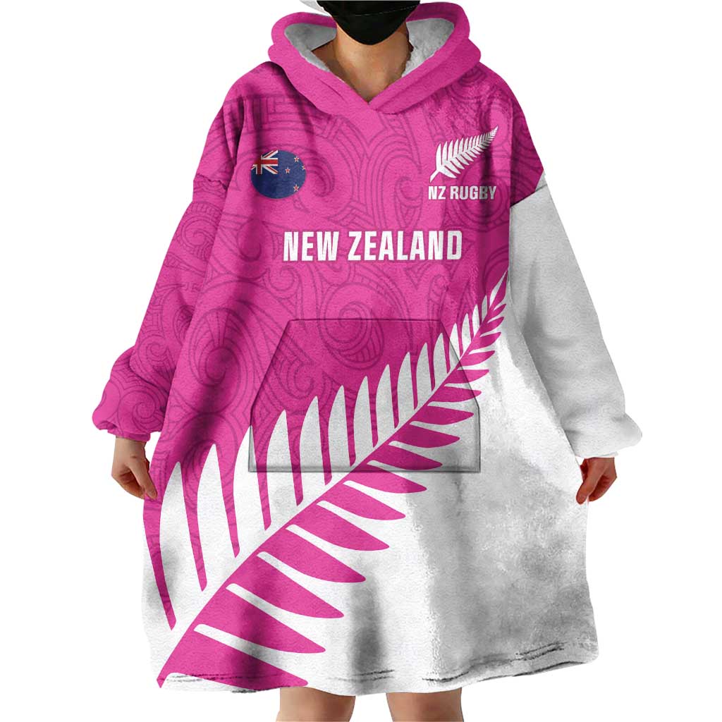 New Zealand Silver Fern Rugby Custom Wearable Blanket Hoodie Go All Black Maori Pink Version