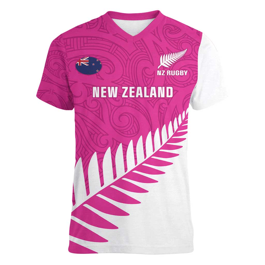 New Zealand Silver Fern Rugby Custom Women V-Neck T-Shirt Go All Black Maori Pink Version