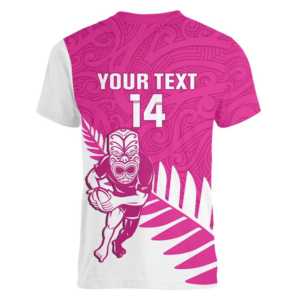 New Zealand Silver Fern Rugby Custom Women V-Neck T-Shirt Go All Black Maori Pink Version