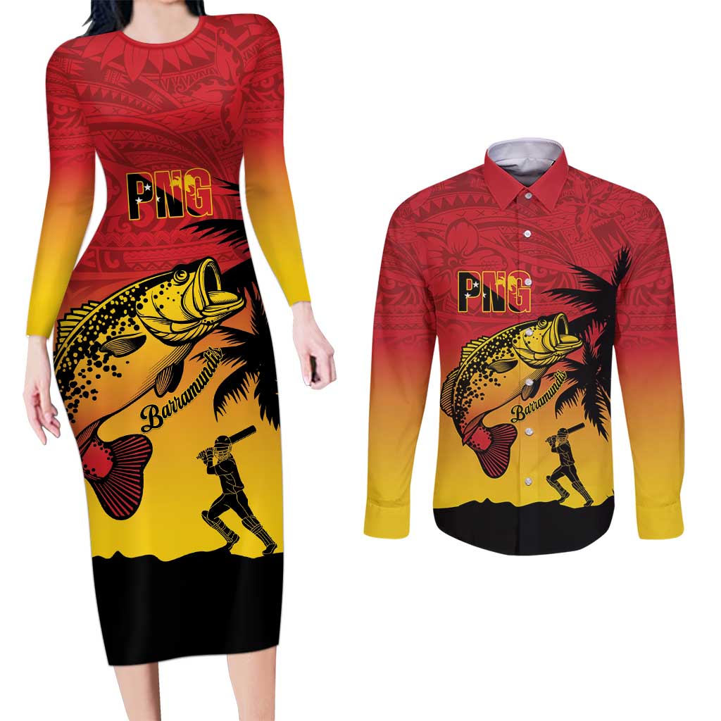 Custom Papua New Guinea Cricket Couples Matching Long Sleeve Bodycon Dress and Long Sleeve Button Shirt PNG Barramundis - Polynesian Pride