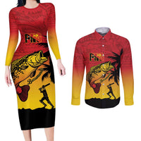 Custom Papua New Guinea Cricket Couples Matching Long Sleeve Bodycon Dress and Long Sleeve Button Shirt PNG Barramundis - Polynesian Pride