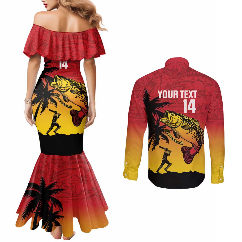 Custom Papua New Guinea Cricket Couples Matching Mermaid Dress and Long Sleeve Button Shirt PNG Barramundis - Polynesian Pride