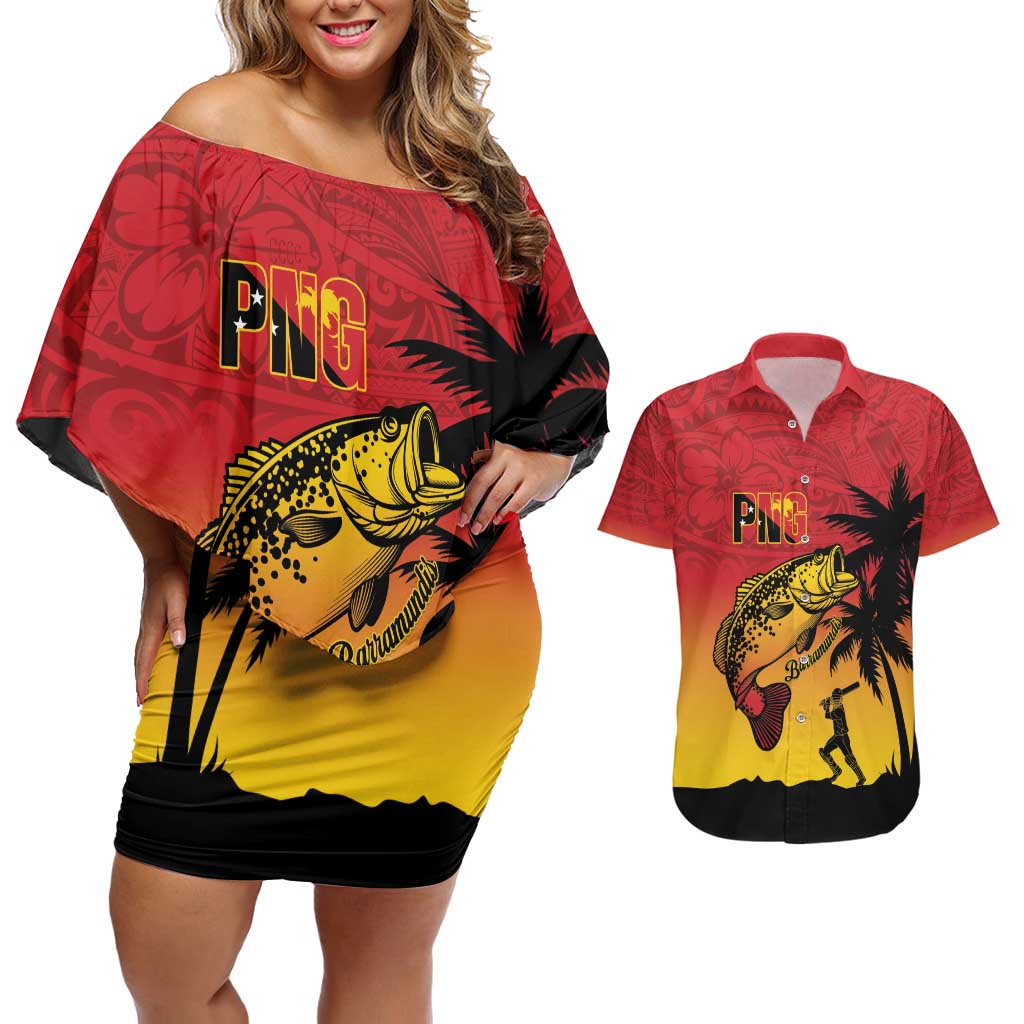 Custom Papua New Guinea Cricket Couples Matching Off Shoulder Short Dress and Hawaiian Shirt PNG Barramundis - Polynesian Pride