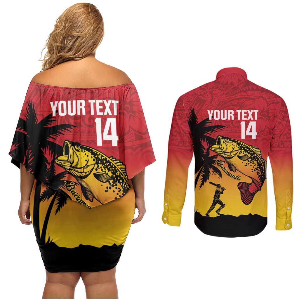 Custom Papua New Guinea Cricket Couples Matching Off Shoulder Short Dress and Long Sleeve Button Shirt PNG Barramundis - Polynesian Pride